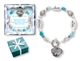 Silver like and aqua crystal beads decorate this special Aunt Bracelet. A heart charm with Aunt in the middle hangs next to the toggle.
