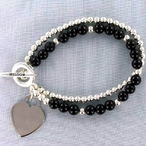 Wisdom Bracelet - Engraved Black Agate and Silvertone Bead Wisdom Bracelet makes a thoughtful and keepsake gift for someone special. Genuine black agate and silvertone 2-strand bracelet with 1 engraveable heart plaque. Free engraving with script up to seven characters. 7  inches in length with toggle closure.